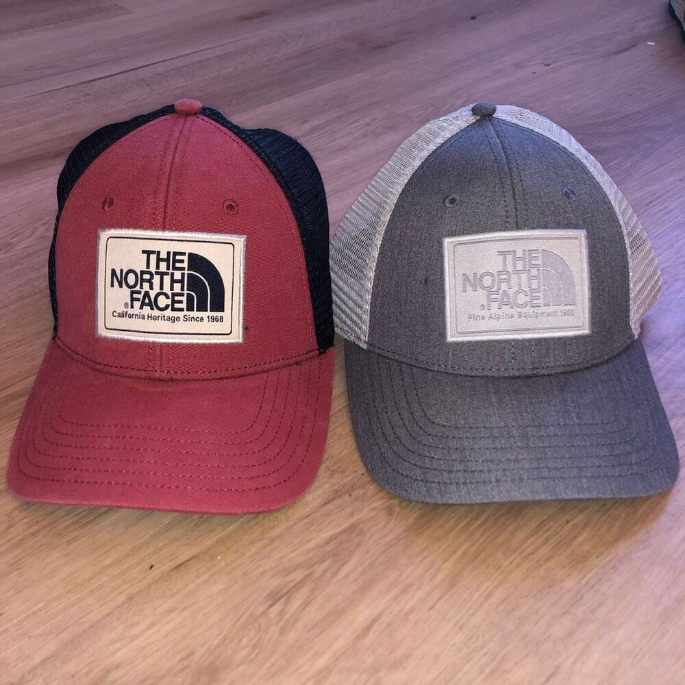 THE NORTH FACE MESH TRUCKER HAT LOT OF 2 GRAY BLACK WHITE RED SNAPBACK